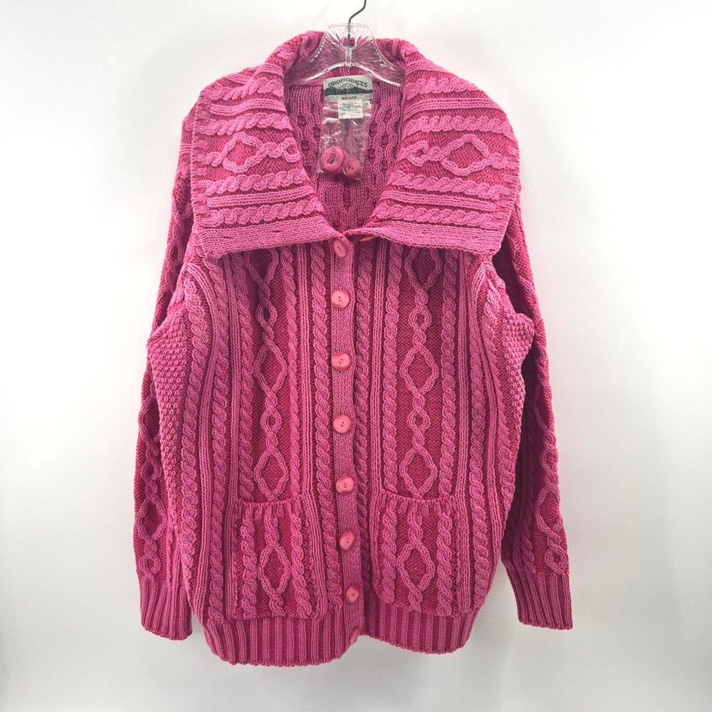 Aran Crafts Cardigan Women XXL Pink 100% Wool Fisherman Cable Knit Sweater